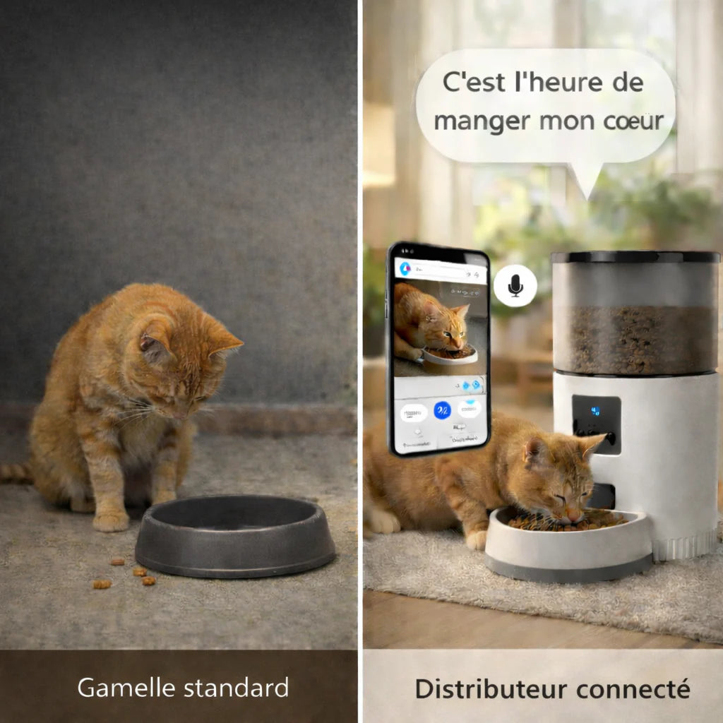 Distributeur automatique de croquettes connecté  avec camera et micro pour chat