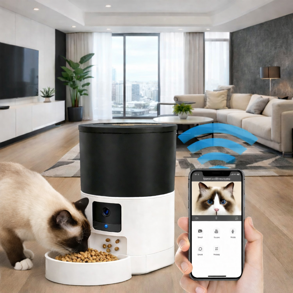 Distributeur automatique de croquettes connecté  avec camera et micro pour chat