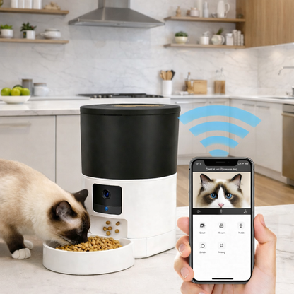 Distributeur automatique de croquettes connecté  avec camera et micro pour chat