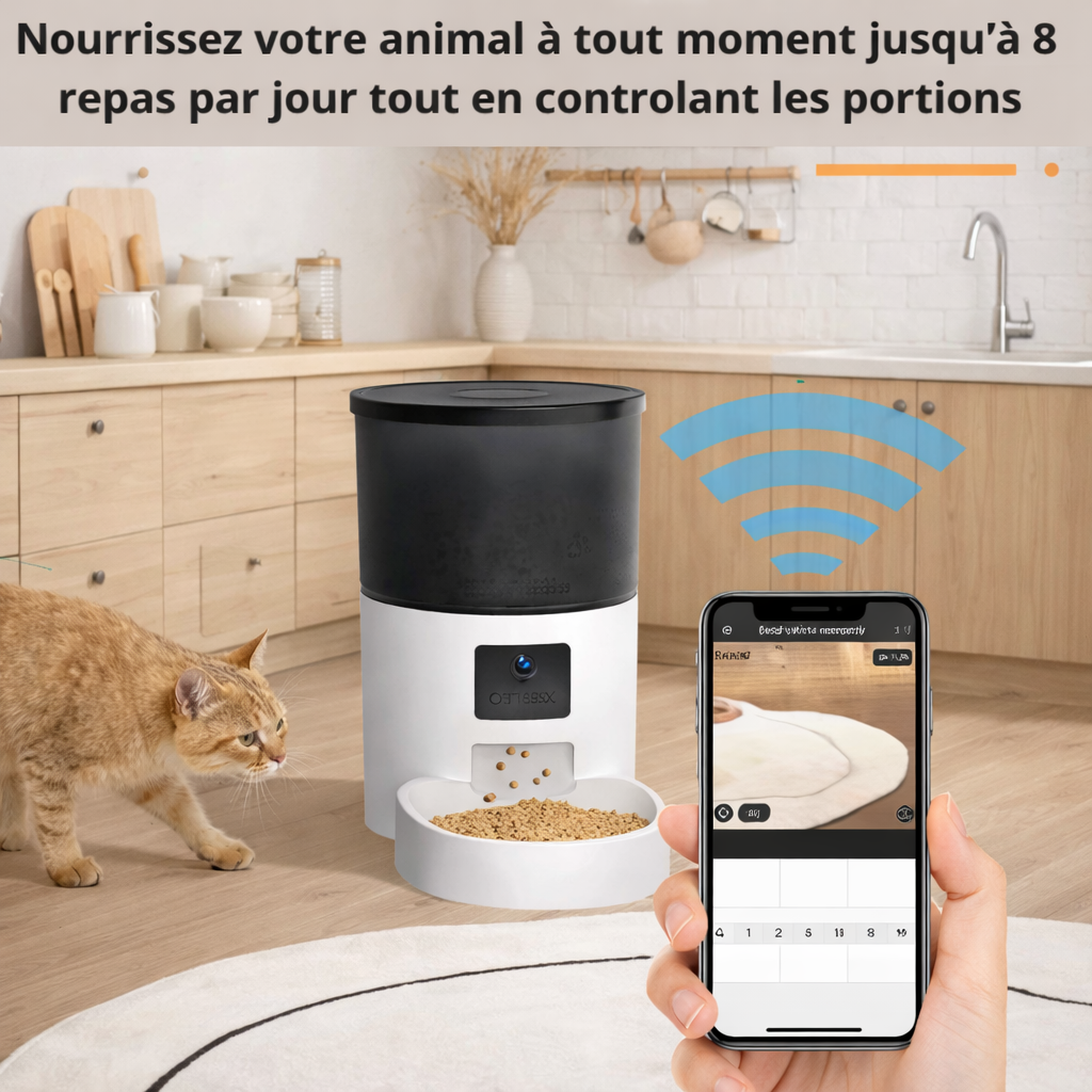Distributeur automatique de croquettes connecté  avec camera et micro pour chat